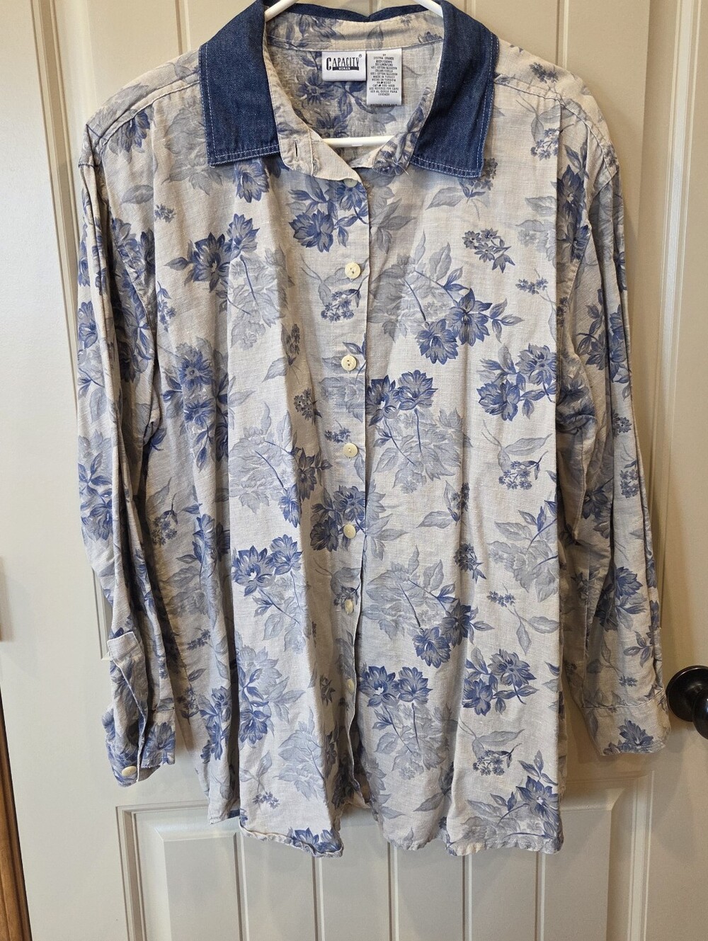 ​Vintage Capacity Woman Linen Blend Blue Floral Button Down Shirt Denim 2X